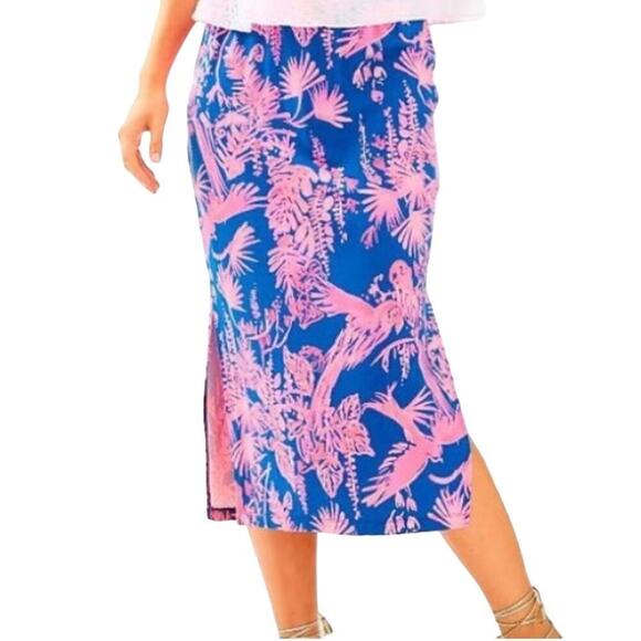Lilly Pulitzer Kemi Night Caw Indigo & Pink Floral MIDI Skirt Size Small‎ NWT - Picture 1 of 10